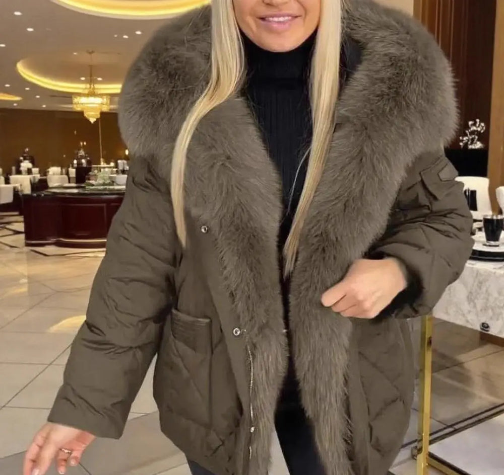 Army green parka jacket for women with plush faux fur collar – cozy winter coat for cold weather