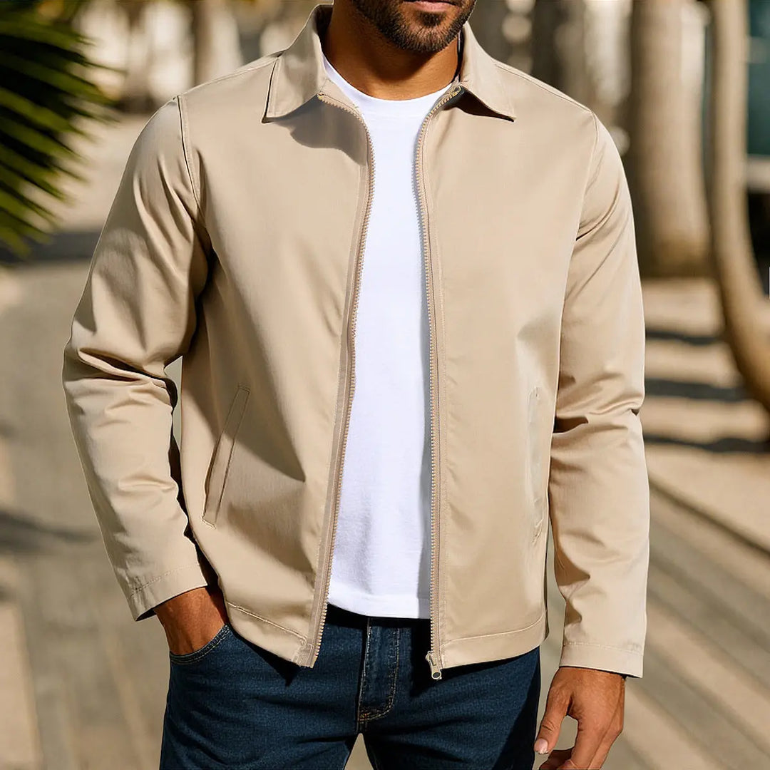 Beige minimalist zip-up jacket for men – casual spring outerwear with clean design