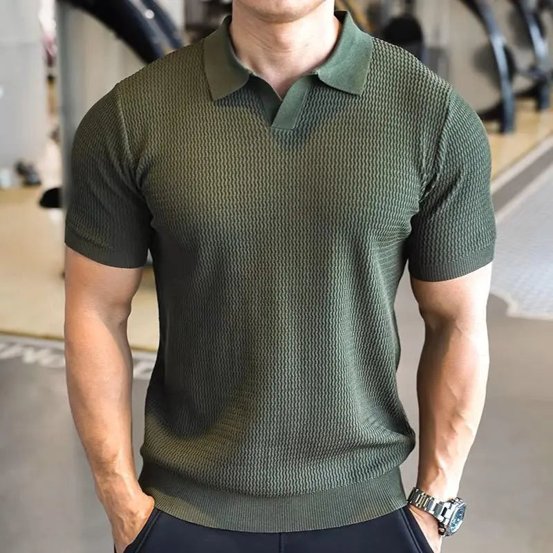 Men’s olive green textured knit polo shirt with short sleeves and collar – casual smart summer top