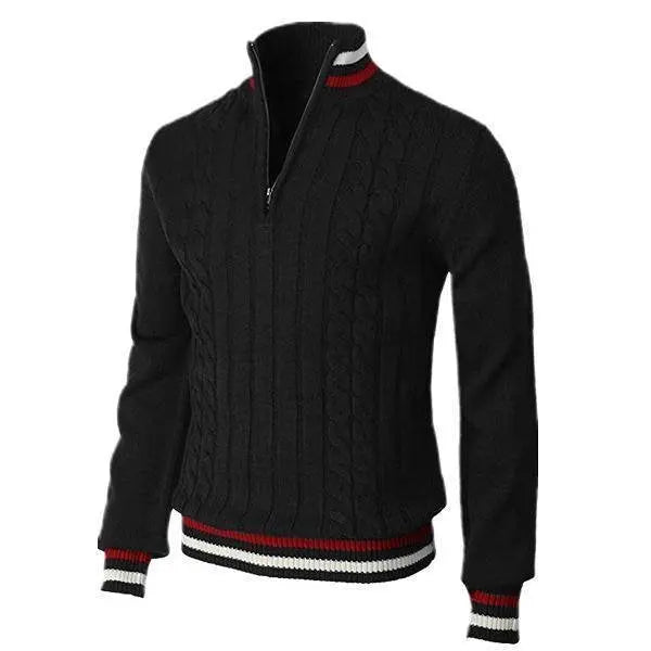 Black cable knit sweater with red-white collar – stylish zip-neck men's knitwear