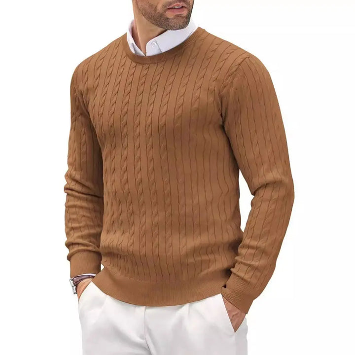 Camel brown knit crew neck sweater – earthy tone men's cold-weather top