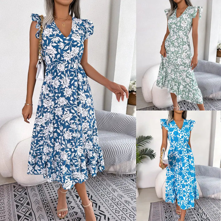 AzureBloom V-Neck Floral Midi Dress EvolvMode