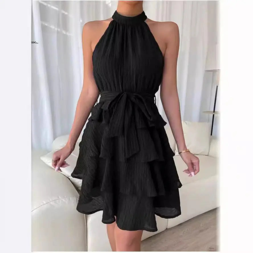 Black halter neck layered mini dress with belt – elegant summer outfit for women