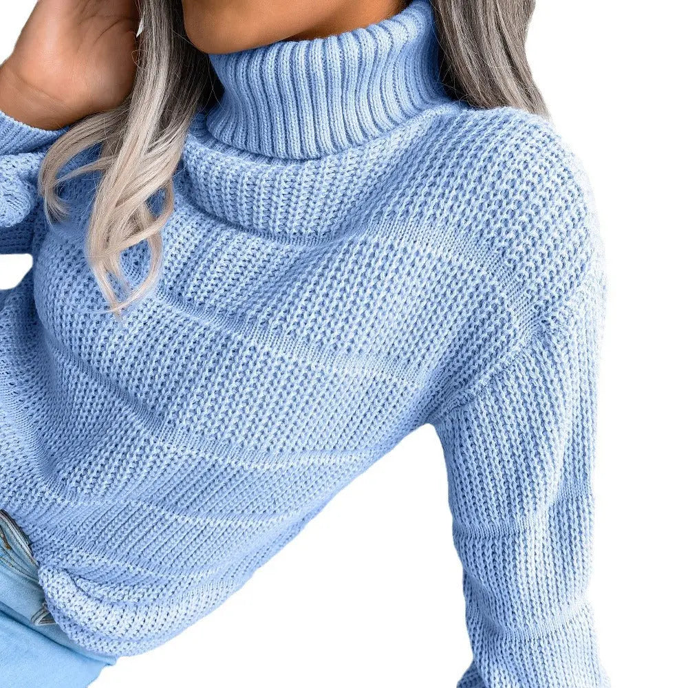 Women’s chunky knit turtleneck sweater with balloon sleeves – cozy fall winter pullover in sky blue
