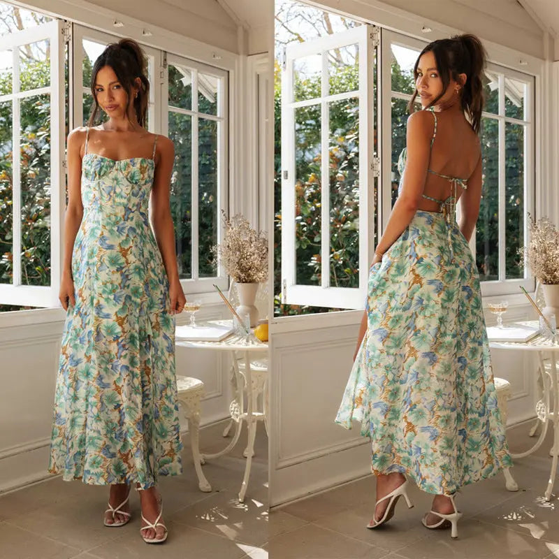 Women’s floral print maxi dress with sweetheart neckline, spaghetti straps, and front slit – elegant summer vacation outfit