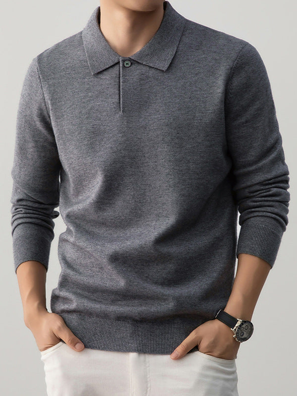 Men’s knit pullover with polo collar in grey – soft lightweight long sleeve sweater for casual or smart wear