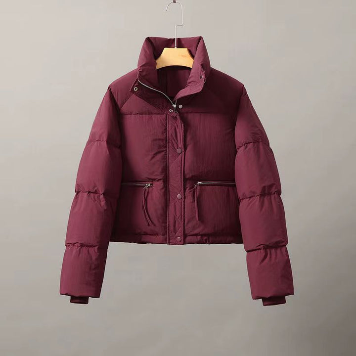 Women’s burgundy cropped puffer jacket – short winter coat with high collar, zip front, and side pockets for cold weather layering