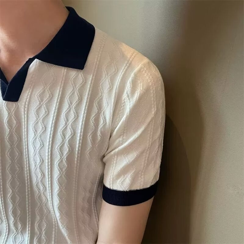 Men’s short sleeve knit polo shirt in white with navy contrast collar and cuffs – modern slim-fit summer top for men, perfect for casual-smart looks.