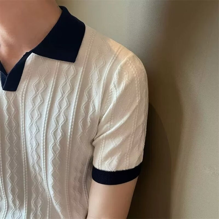 Men’s short sleeve knit polo shirt in white with navy contrast collar and cuffs – modern slim-fit summer top for men, perfect for casual-smart looks.