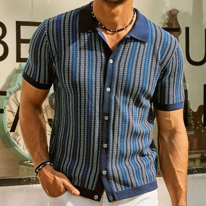 Navy striped button-down men's casual shirt with vintage pattern