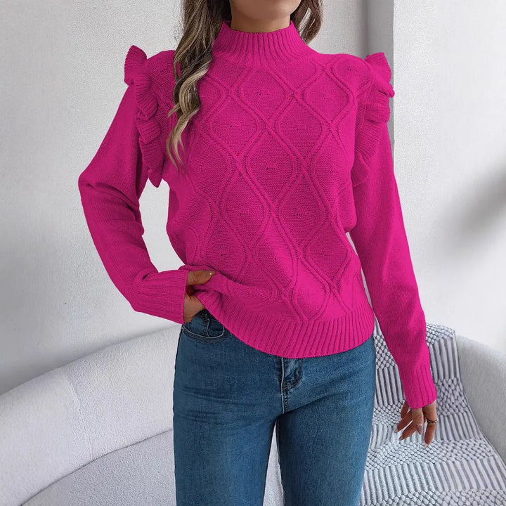 Women’s ruffle shoulder cable knit sweater – textured pullover with mock neck in dark pink ideal for stylish fall and winter outfits