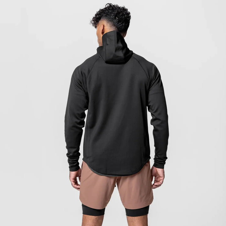 Black men’s 1/4 zip workout hoodie with long sleeves and athletic fit for fitness and leisure