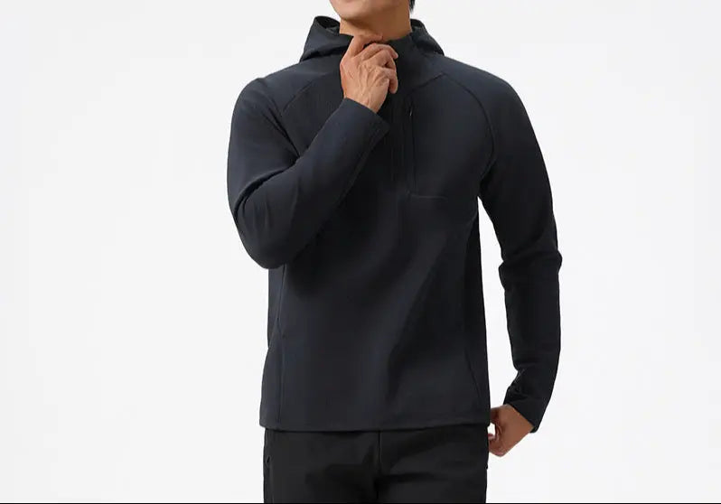 Men’s black long sleeve athletic hoodie with front zipper and minimalist design – lightweight sports pullover