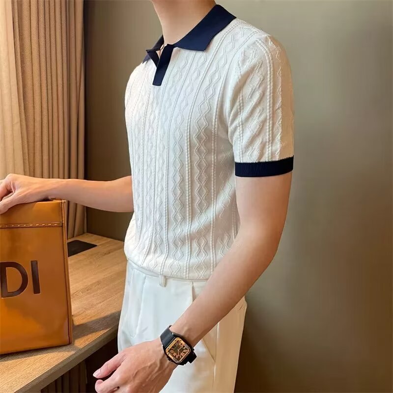 Men’s short sleeve knit polo shirt in white with navy contrast collar and cuffs – modern slim-fit summer top for men, perfect for casual-smart looks.