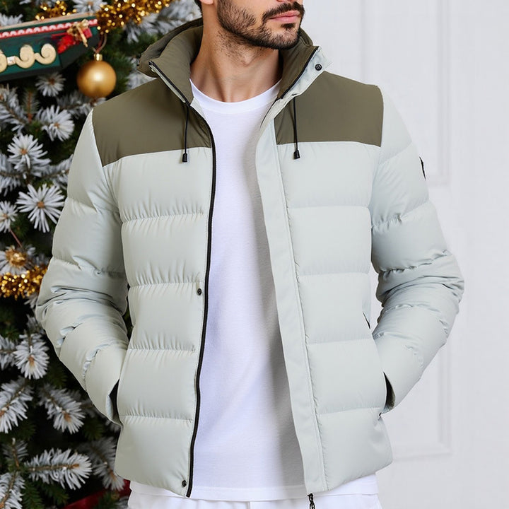 Men’s insulated color-block puffer jacket with hood – warm winter coat with windproof design, zip closure, and thermal padding in white