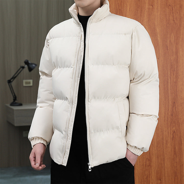 Men’s beige puffer jacket. Quilted winter jacket with high collars and front zippers