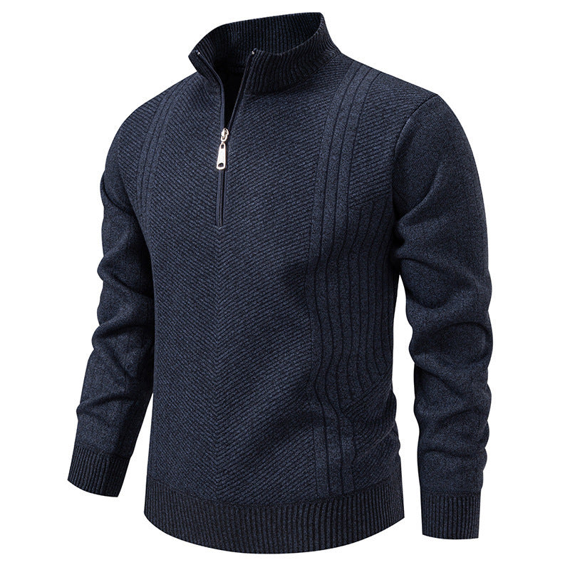 Men's navy blue quarter-zip ribbed knit sweater – versatile fall-winter pullover with stand collar