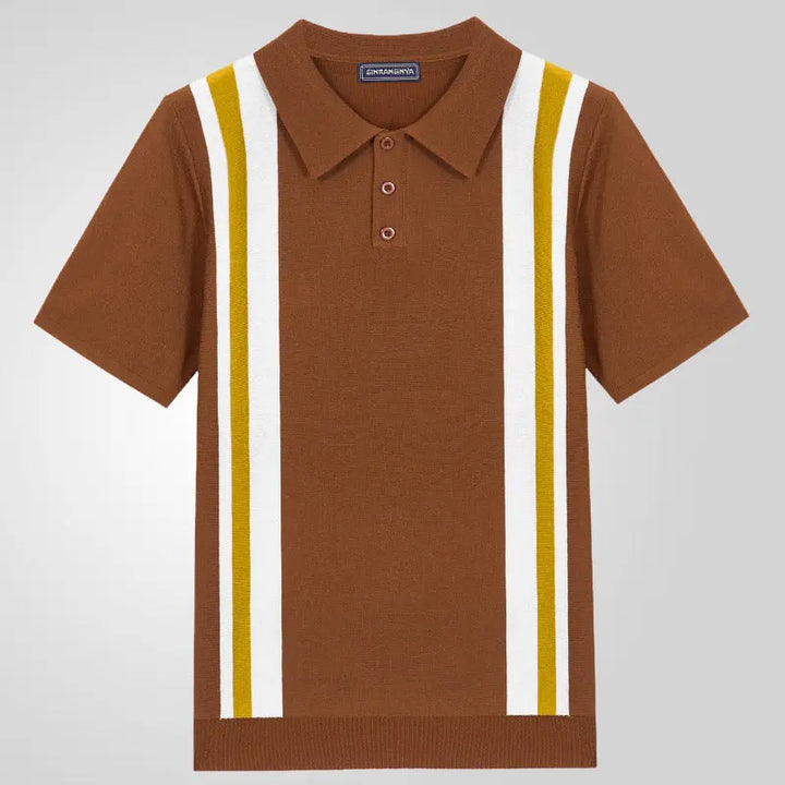 Men's brown short sleeve knit polo shirt with bold vertical stripes – vintage-inspired design