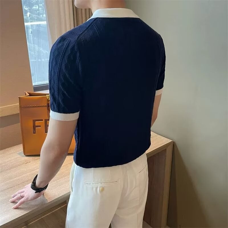 Stylish navy blue knit polo shirt for men with crisp white collar – elevated casual wear ideal for smart summer styling