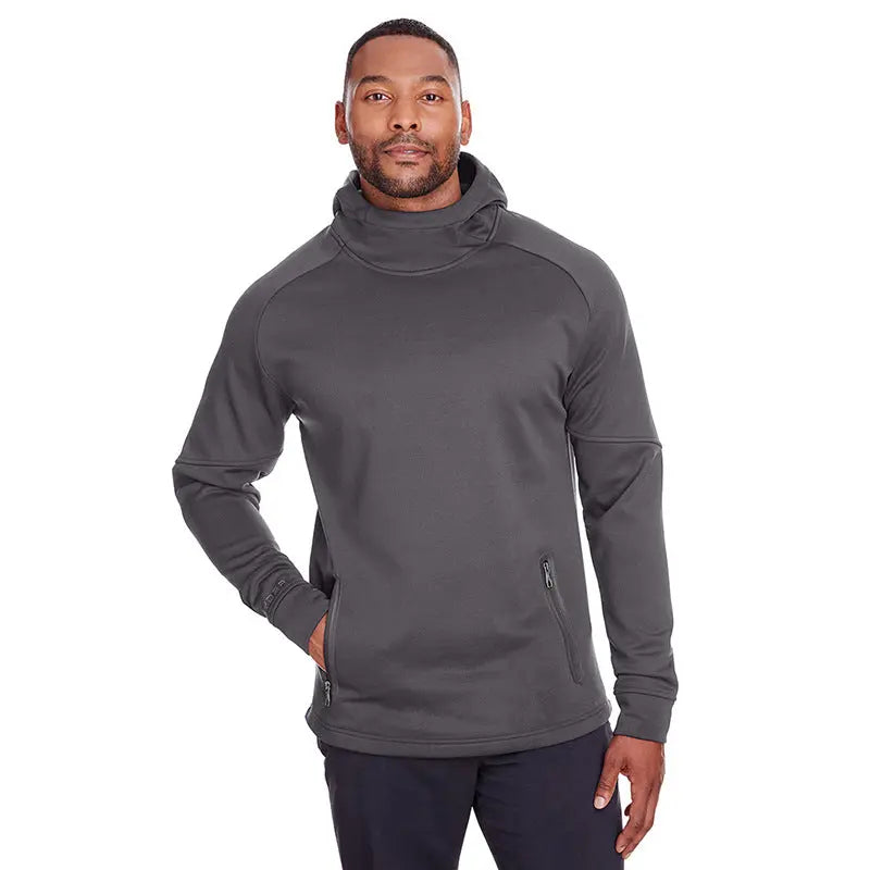 Men’s dark grey pullover hoodie with high neck, zip pockets, and long sleeves – casual athletic sweatshirt