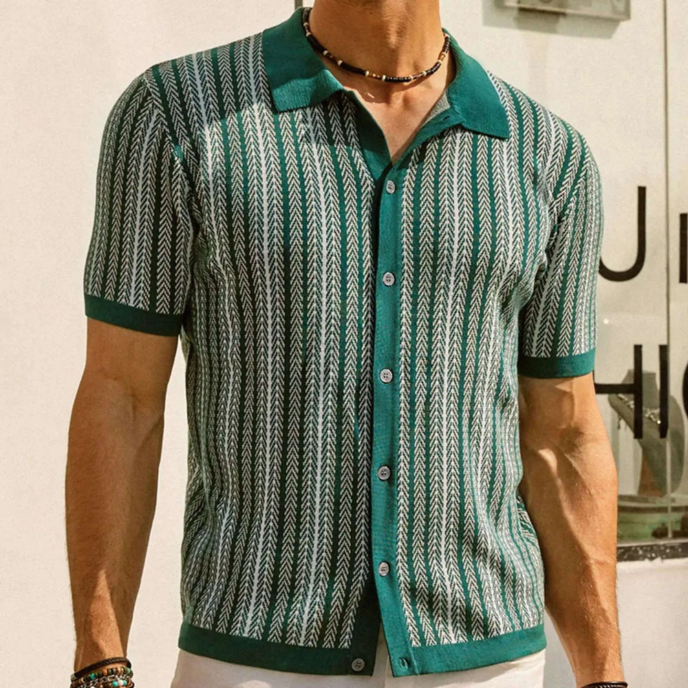 Green and black geometric print men's summer shirt with short sleeves