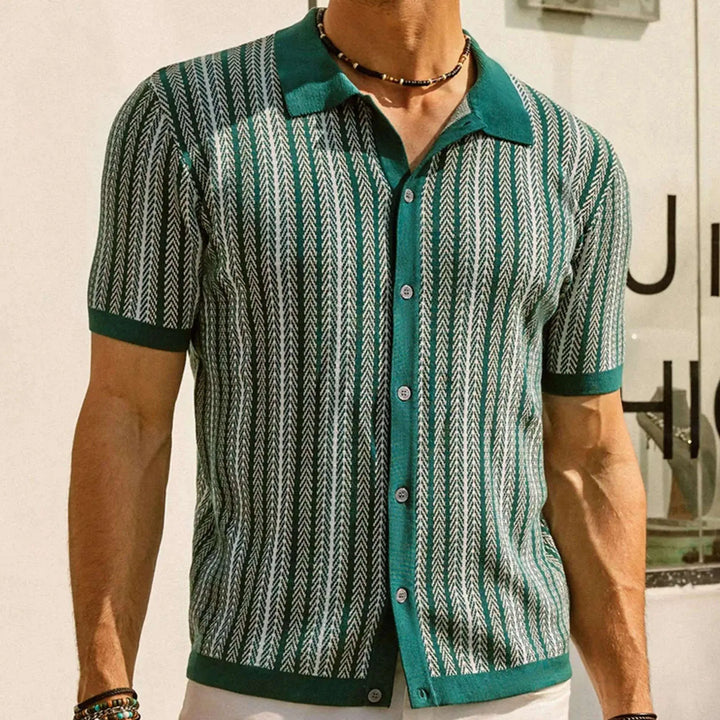 Green and black geometric print men's summer shirt with short sleeves