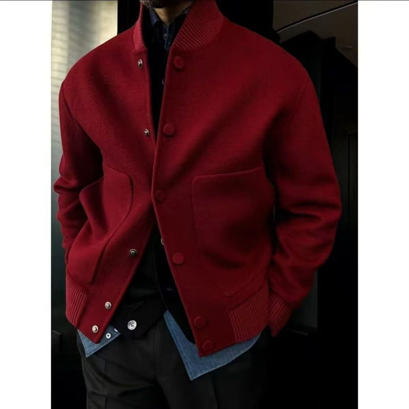 Men’s wool bomber jacket in red – minimalist high neck design with snap button closure and ribbed cuffs, stylish and warm fall-winter outerwear