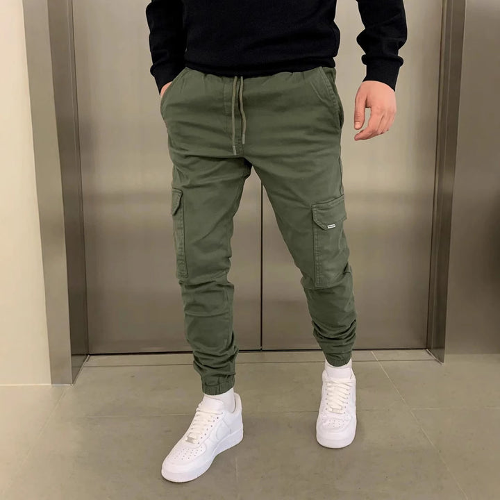 Men’s slim fit cargo jogger pants with elastic ankle cuffs – comfortable stretch waist streetwear trousers in army green