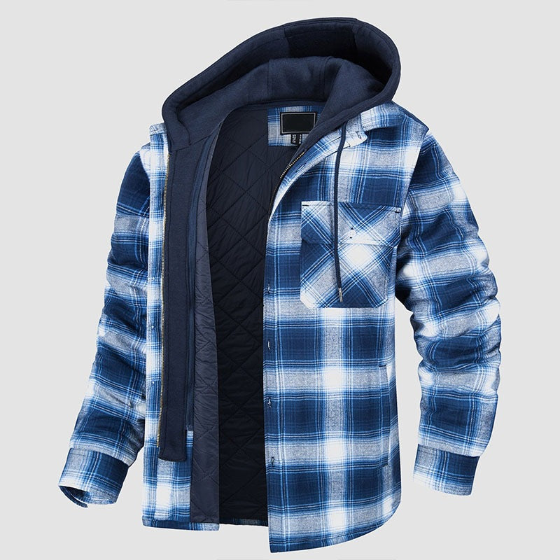 Men’s hooded flannel shirt jacket with quilted inner lining – warm plaid overshirt for winter and fall with snap buttons and front chest pocket, in blue