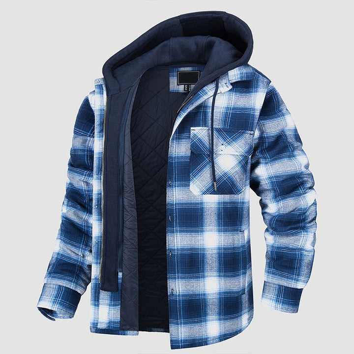 Men’s hooded flannel shirt jacket with quilted inner lining – warm plaid overshirt for winter and fall with snap buttons and front chest pocket, in blue