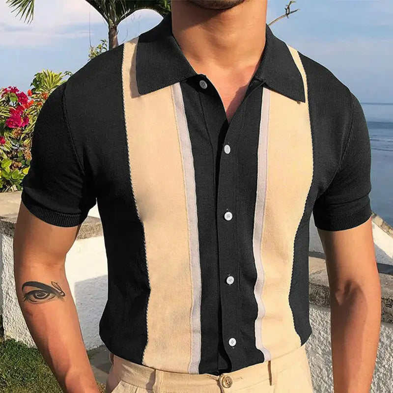 Men's short-sleeve knit shirt with black and beige vertical panels