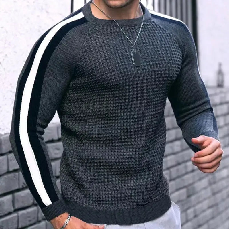 Men’s grey colorblock stripe long sleeve knit sweater – fitted waffle-texture pullover with contrast arm stripes