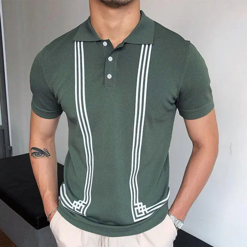 Men’s dark green knit polo shirt with vertical white stripe accents and button-up collar – modern casual short sleeve top