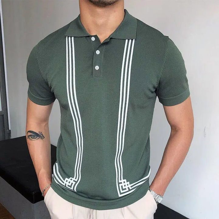 Men’s dark green knit polo shirt with vertical white stripe accents and button-up collar – modern casual short sleeve top