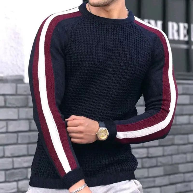 Men’s navy blue colorblock stripe long sleeve knit sweater – fitted waffle-texture pullover with contrast arm stripes