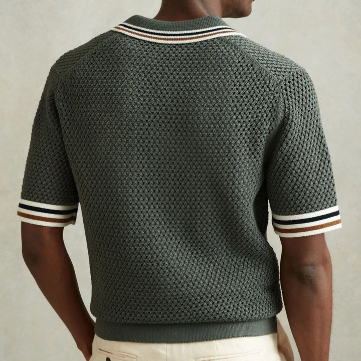 Men’s olive green textured short-sleeve button-up knit shirt with front pocket