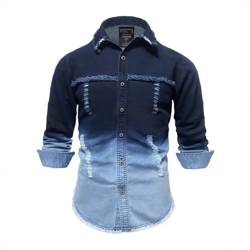 Men's ombré denim shirt with faded light blue bottom and dark blue top – modern casual fashion for men
