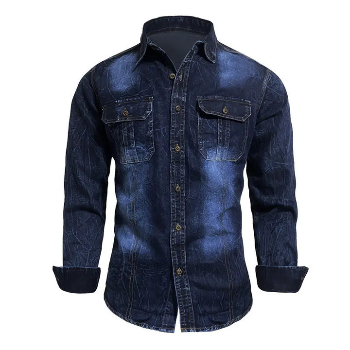Men’s vintage washed long sleeve denim shirt with snap buttons – classic western casual style
