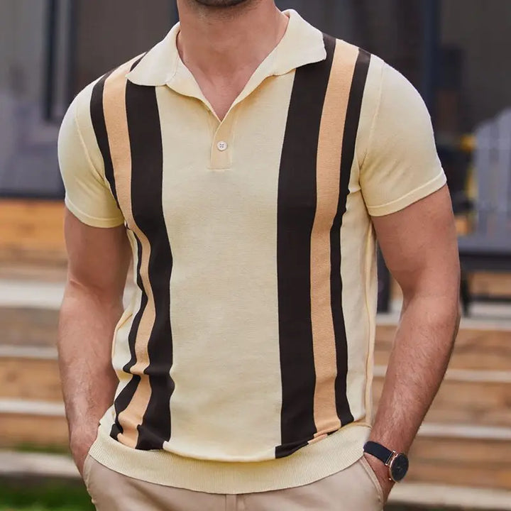 Men's beige short sleeve knit polo shirt with bold vertical stripes – vintage-inspired design