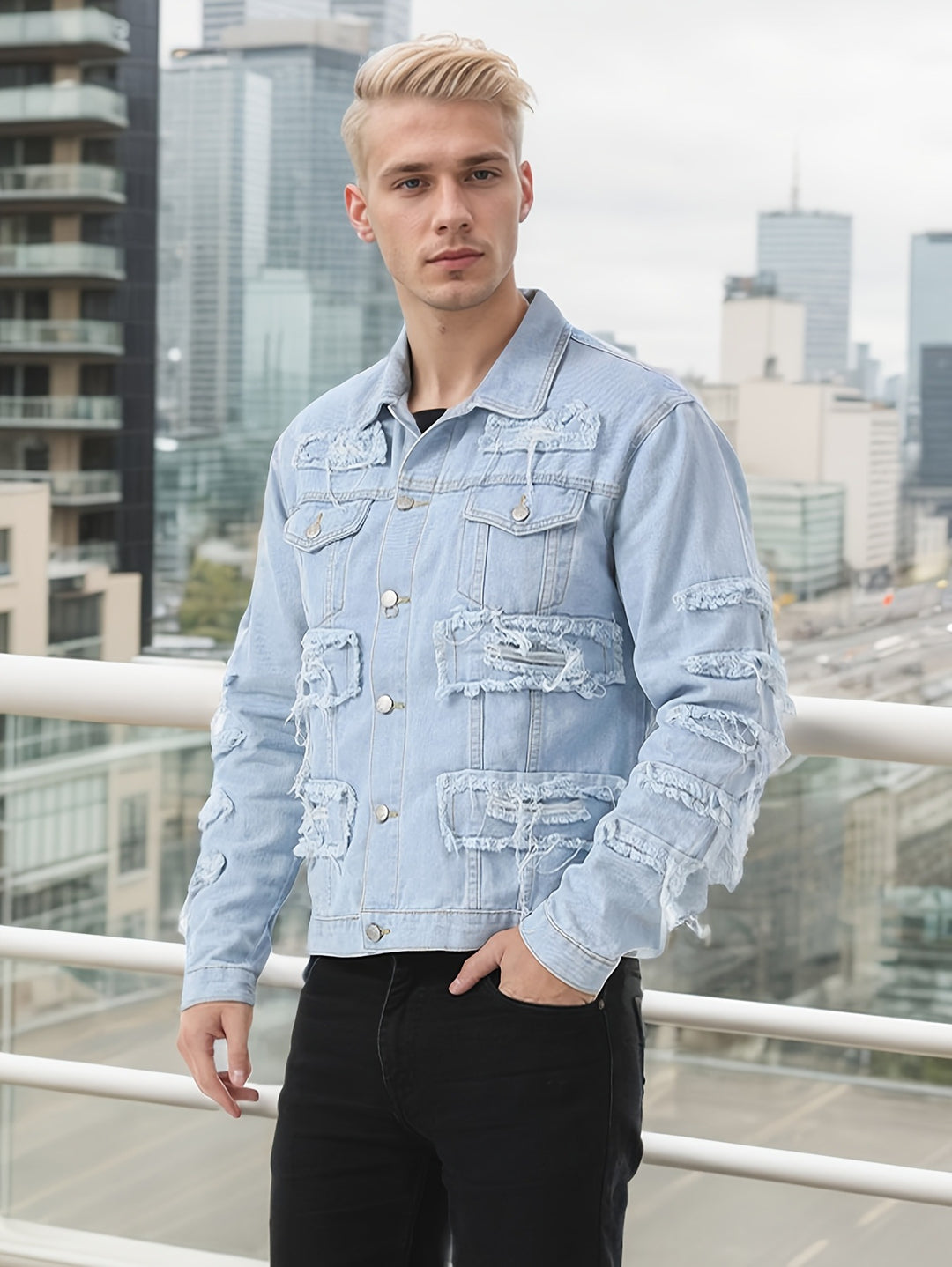 Men’s light blue distressed denim jacket with ripped panel design – edgy streetwear outerwear for casual urban fashion.