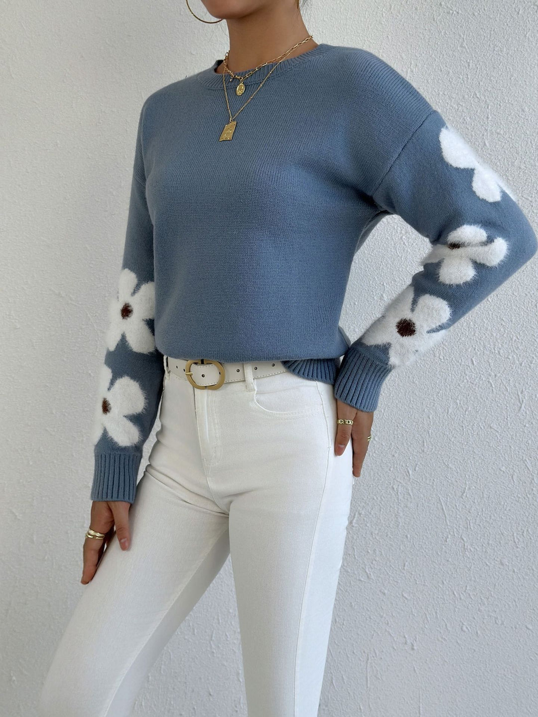 Women’s Floral Cuff Sweater – Soft Knit Pullover