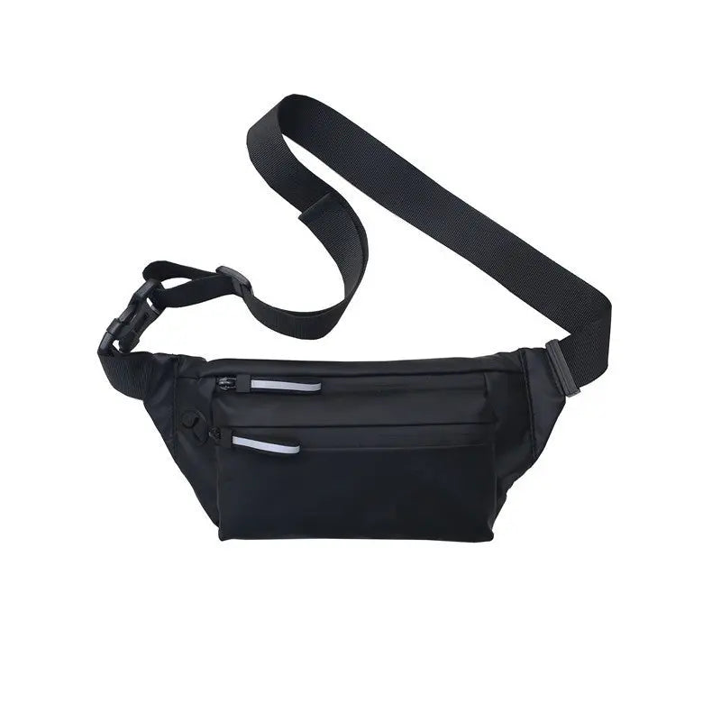 Men’s black waterproof crossbody waist bag with adjustable strap and earphone port – functional travel sling bag