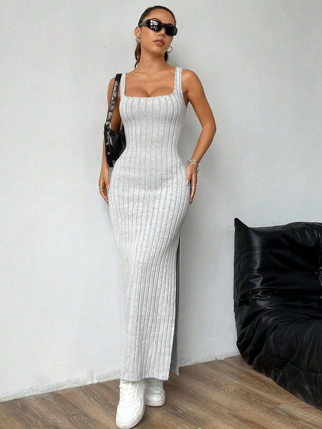 Women’s grey ribbed knit bodycon maxi dress with square neckline and side slit – sleeveless casual chic outfit