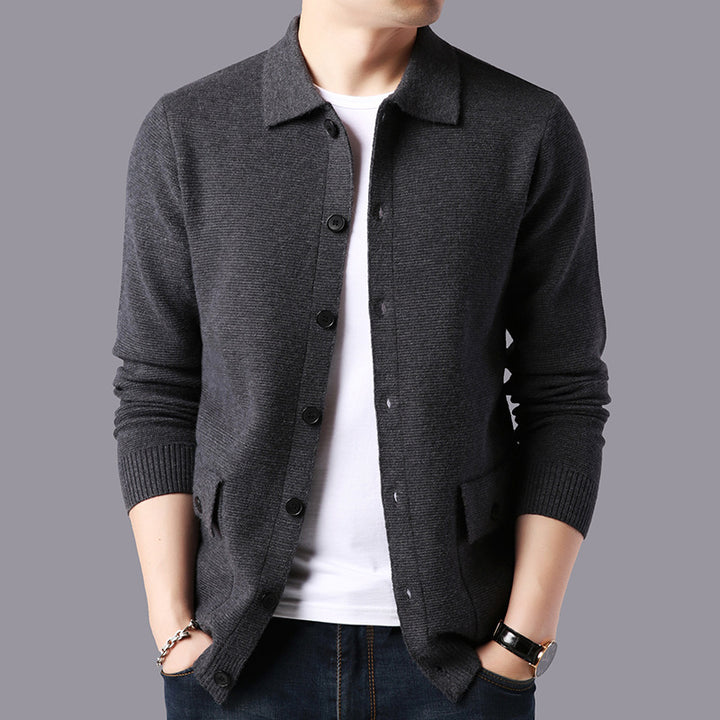 Men’s gray casual knit cardigan sweater with button-up front – lightweight long-sleeve layering piece for fall and winter 