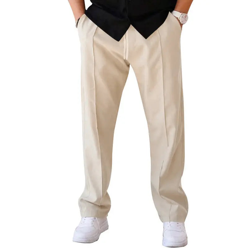 Neutral cream wide-leg trousers for men with pleated front – relaxed fit dress pants for daywear or events