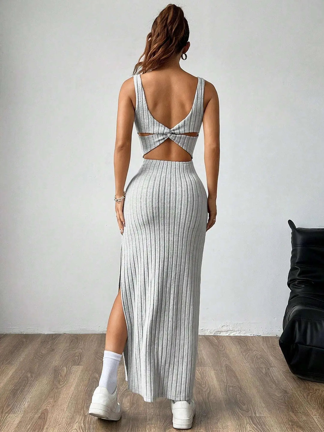 Women’s grey ribbed knit bodycon maxi dress with square neckline and side slit – sleeveless casual chic outfit
