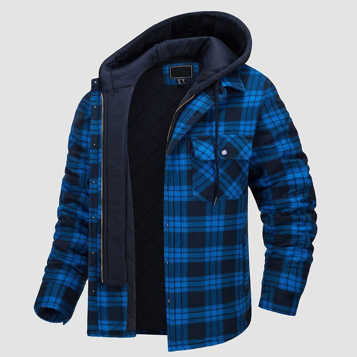 Men’s hooded flannel shirt jacket with quilted inner lining – warm plaid overshirt for winter and fall with snap buttons and front chest pocket, in navy and black patterns