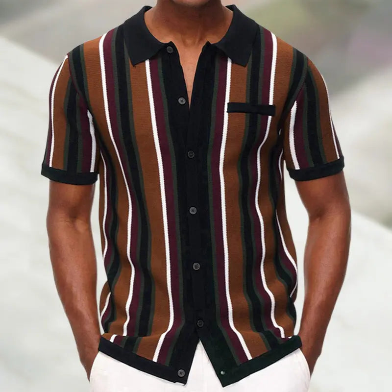 Men's short sleeve button-up shirt with vertical multicolor stripes