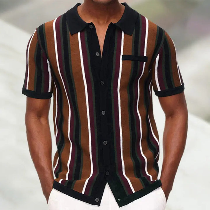 Men's short sleeve button-up shirt with vertical multicolor stripes