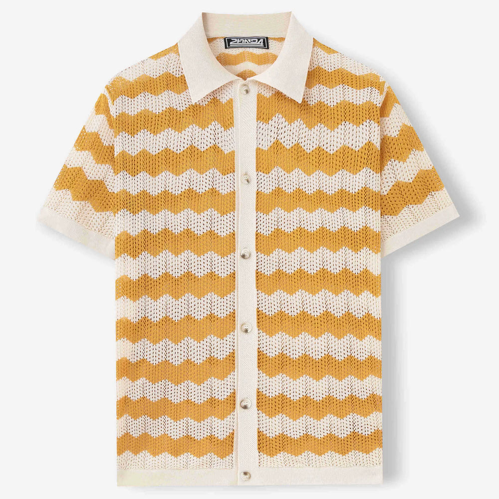 Knitted shirt with yellow and white striped pattern